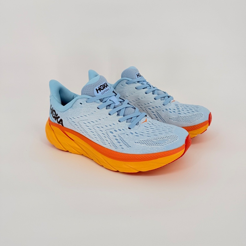 Hoka Clifton 8 Running Shoes Men 9.5 Women 10.5 Blue Orange Comfort Gym Workout